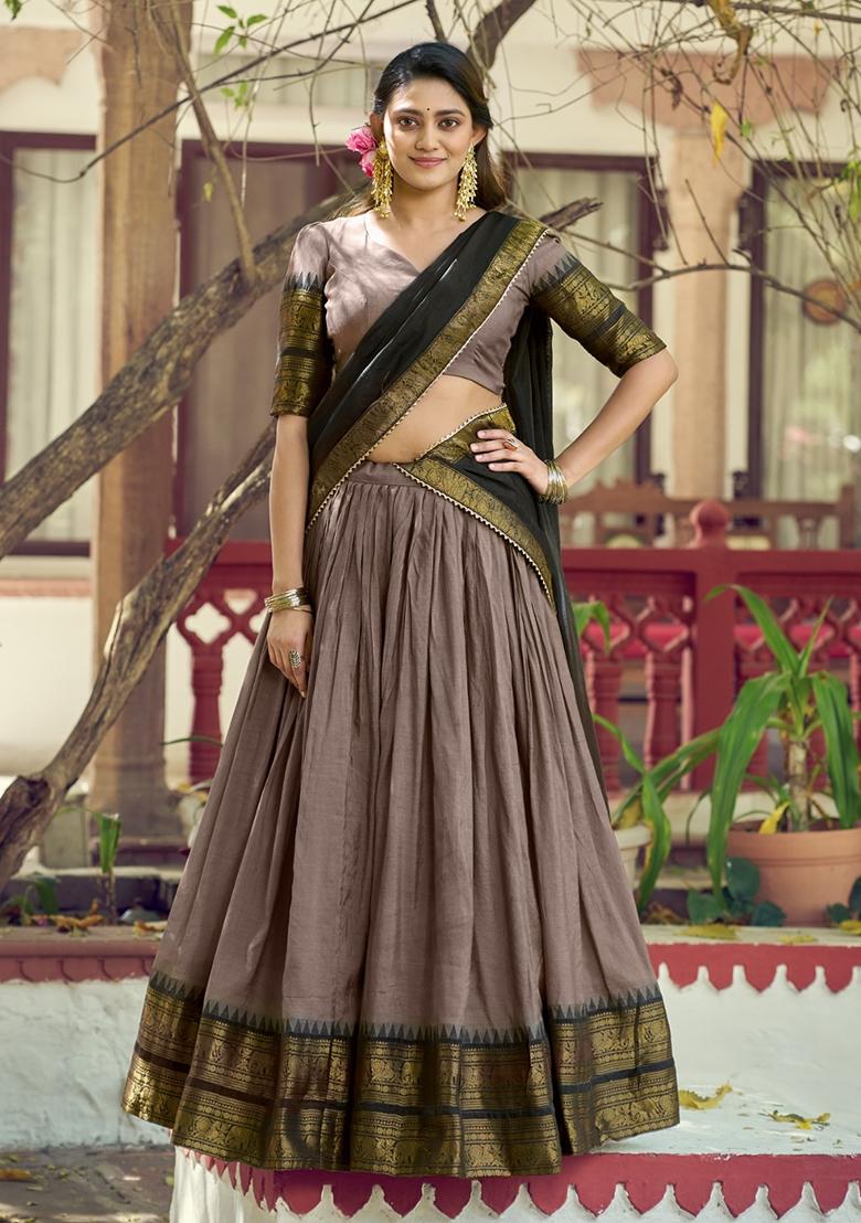 Brown Zari Work Cotton Lehenga Set - Indya