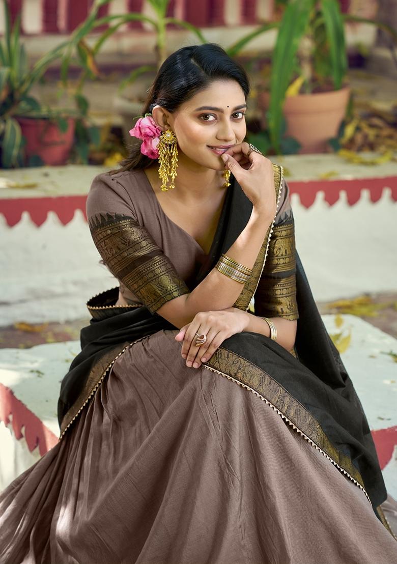 Brown Zari Work Cotton Lehenga Set - Indya