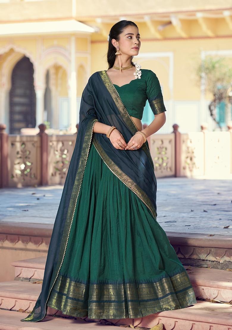 Green Zari Work Cotton Lehenga Set - Indya