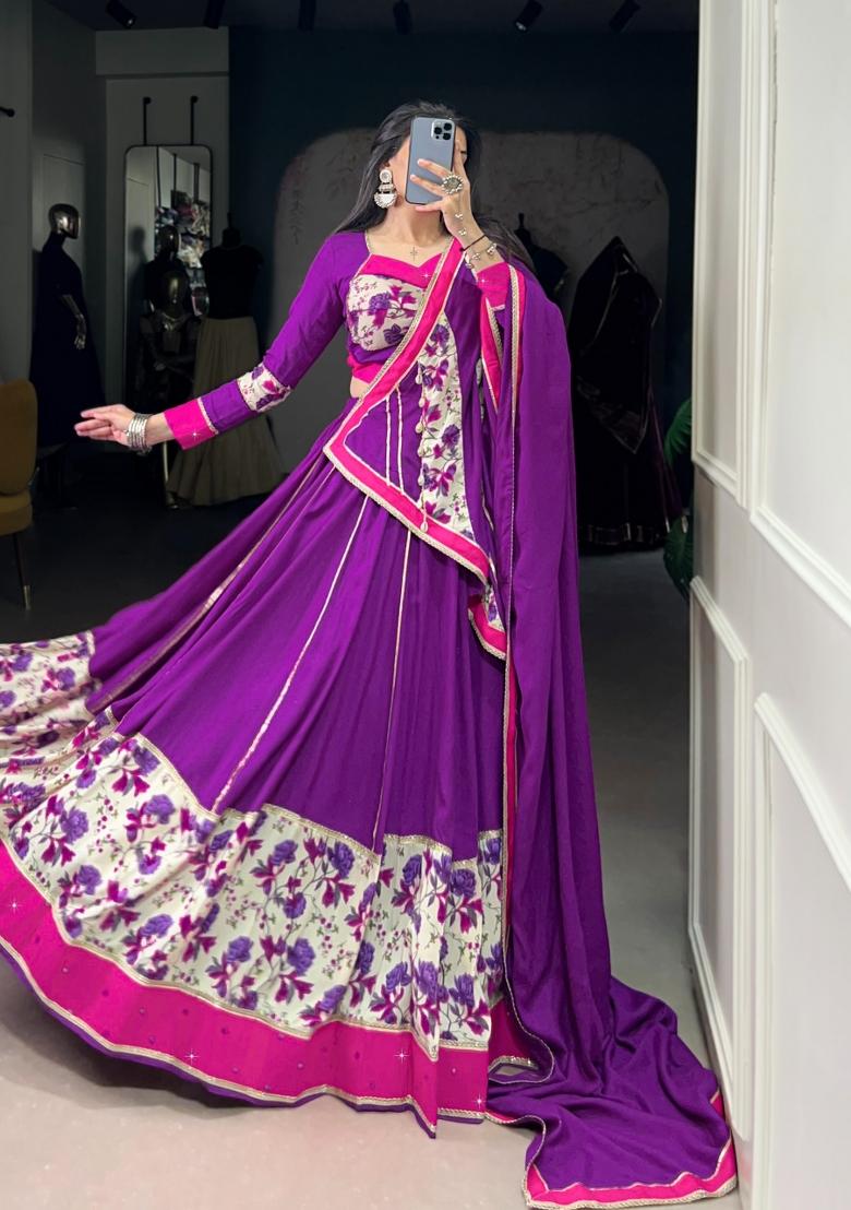 Purple Printed Rayon Lehenga Set - Indya