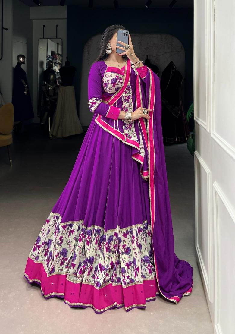 Purple Printed Rayon Lehenga Set - Indya
