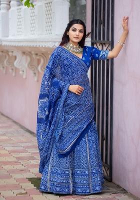 Blue Printed Silk Lehenga Set