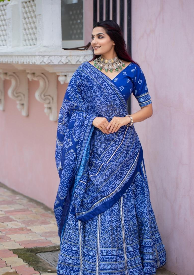 Blue Printed Silk Lehenga Set - Indya