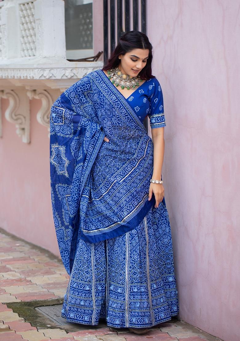 Blue Printed Silk Lehenga Set - Indya