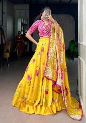 Yellow Printed Georgette Lehenga Set