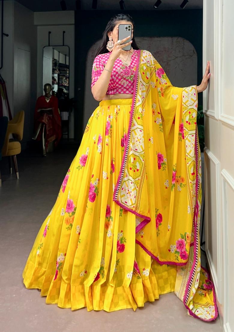 Yellow Printed Georgette Lehenga Set - Indya