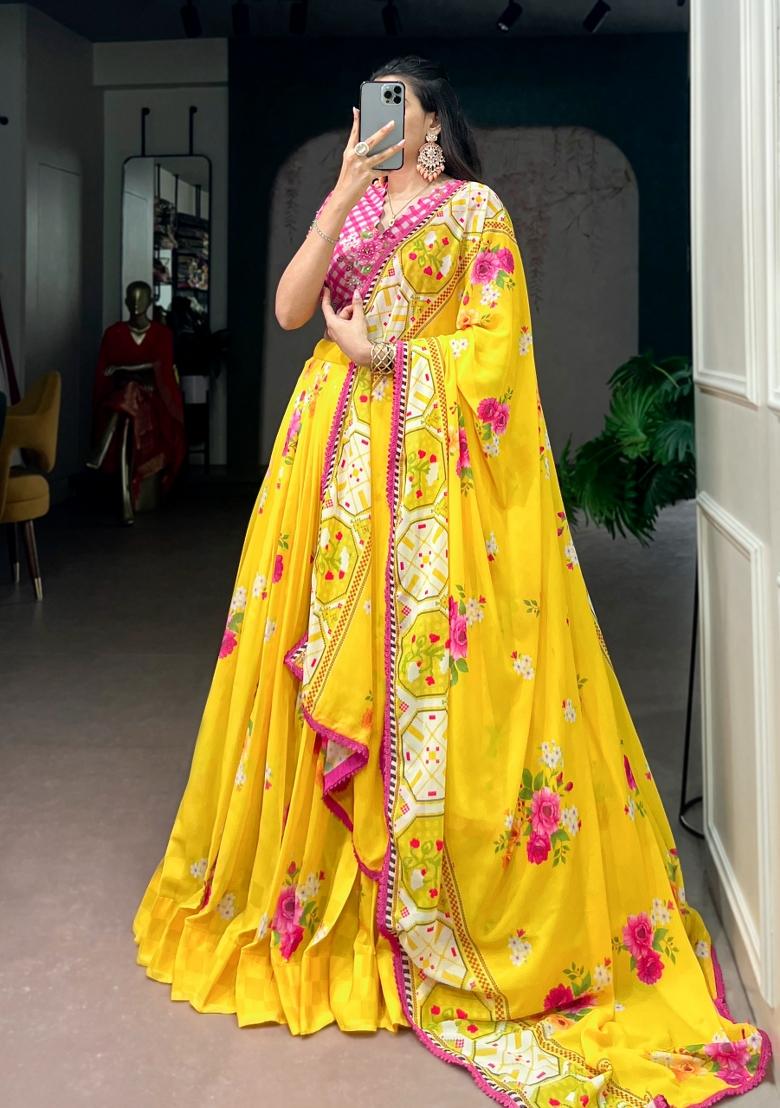 Yellow Printed Georgette Lehenga Set - Indya