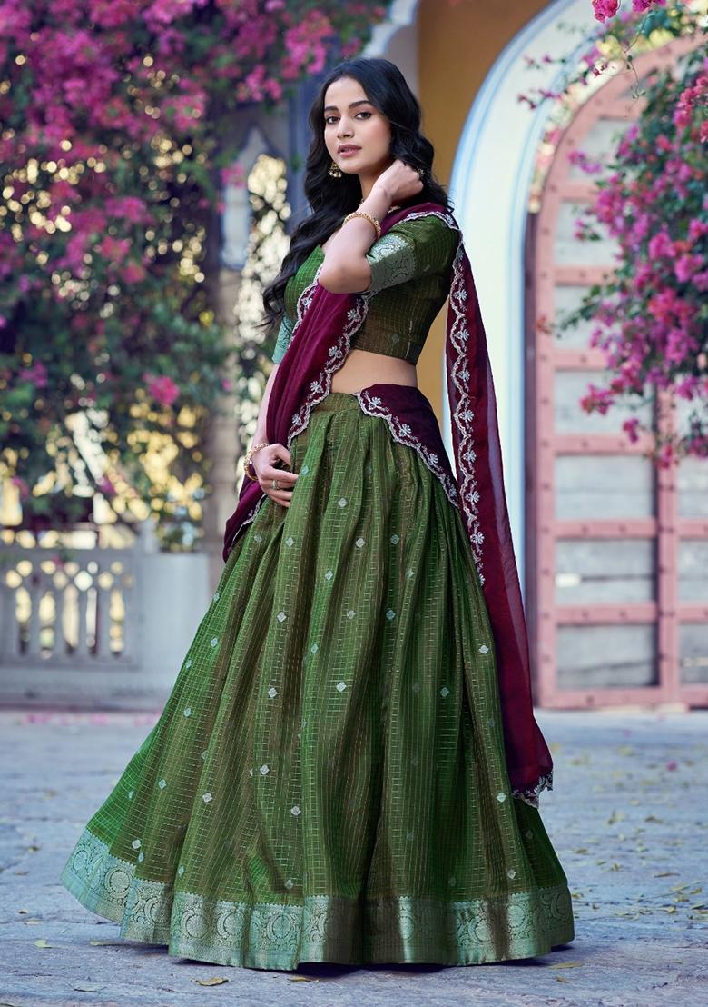 Mehendi Zari Work Chinon Lehenga Set - Indya