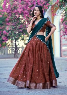 Orange Zari Work Chinon Lehenga Set