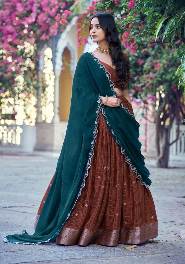 Orange Zari Work Chinon Lehenga Set - Indya