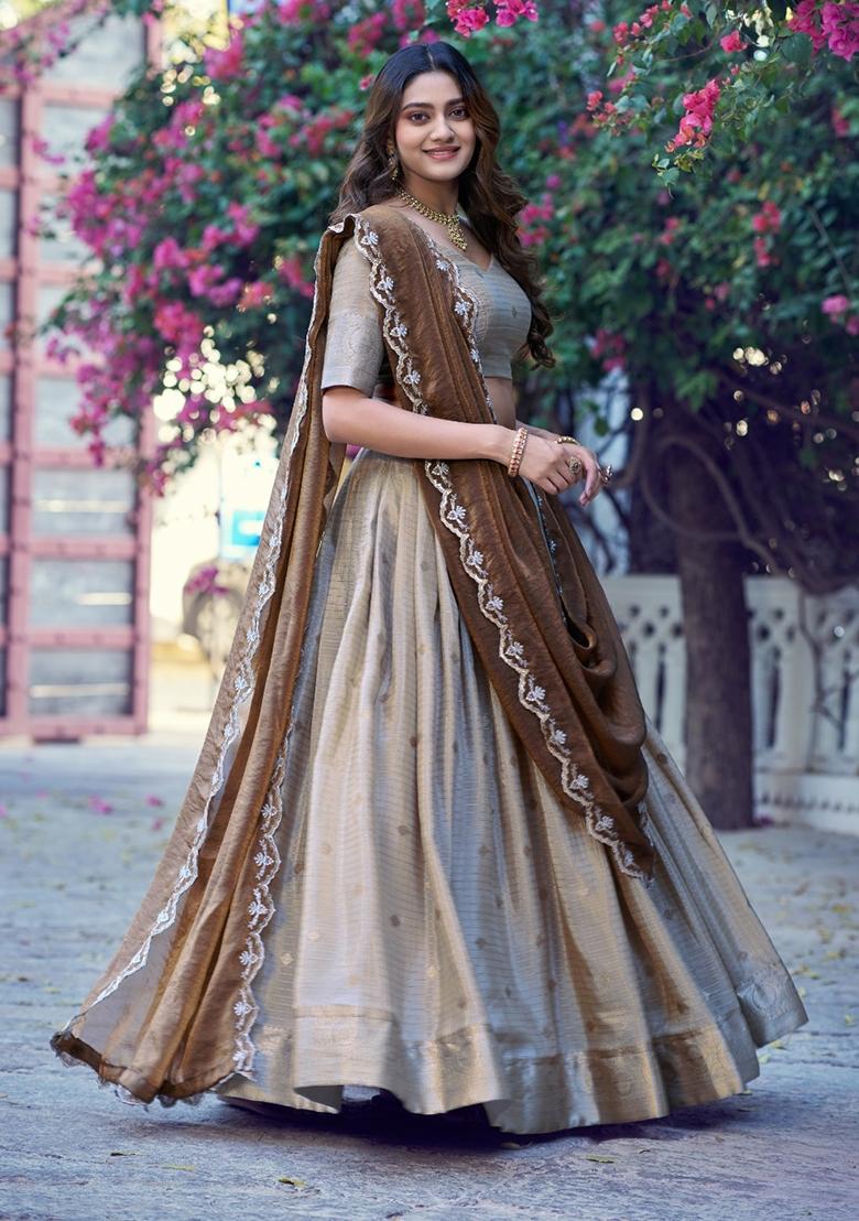 Cream Zari Work Chinon Lehenga Set - Indya