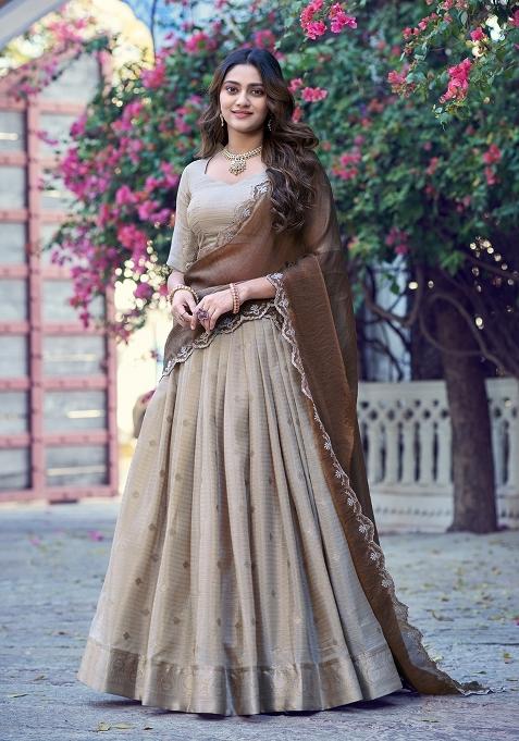 Cream Zari Work Chinon Lehenga Set