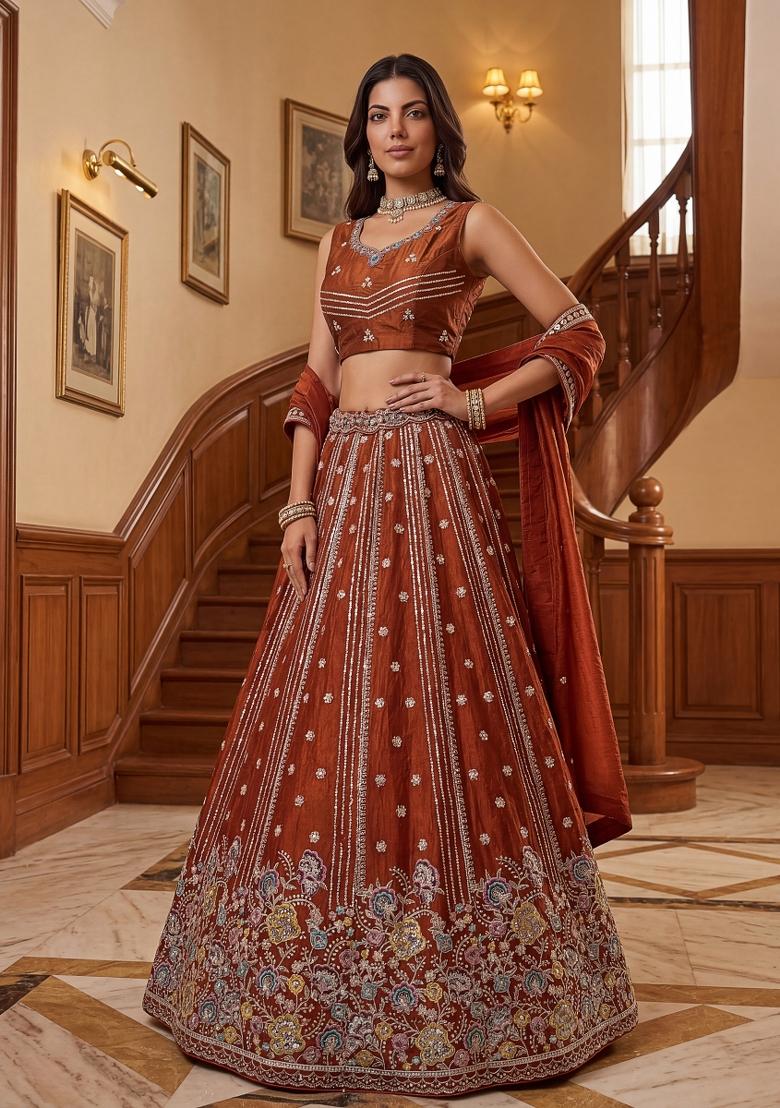 Rust Orange Zari Work Silk Lehenga Set - Indya