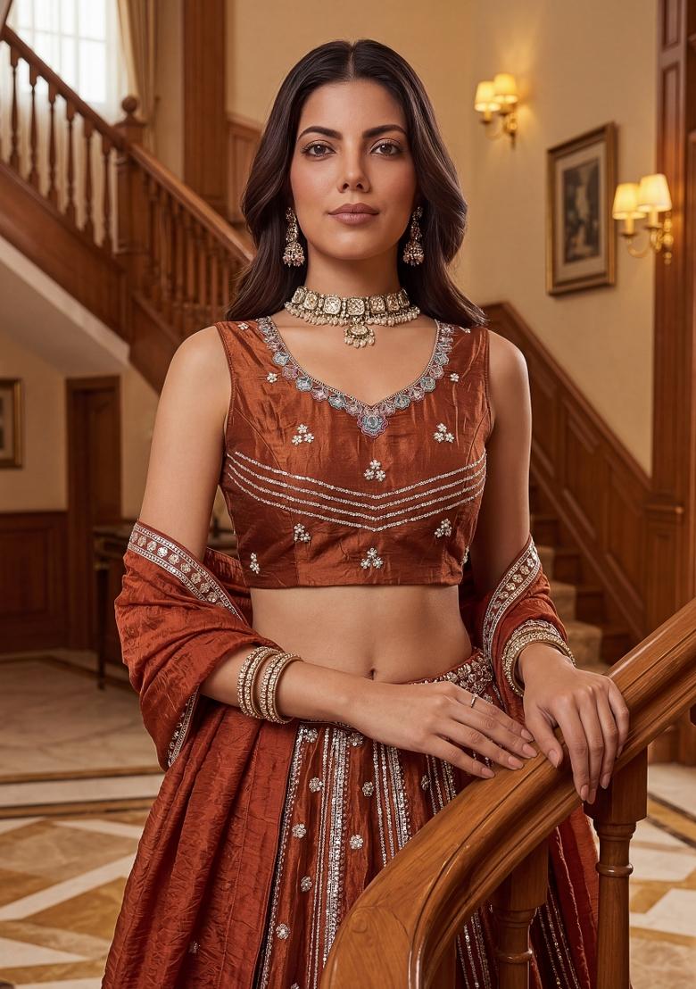 Rust Orange Zari Work Silk Lehenga Set - Indya