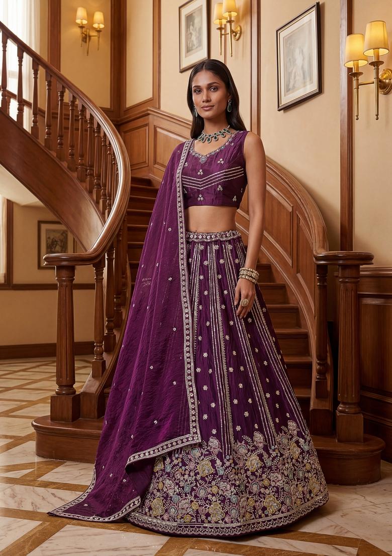 Violet Zari Work Silk Lehenga Set - Indya