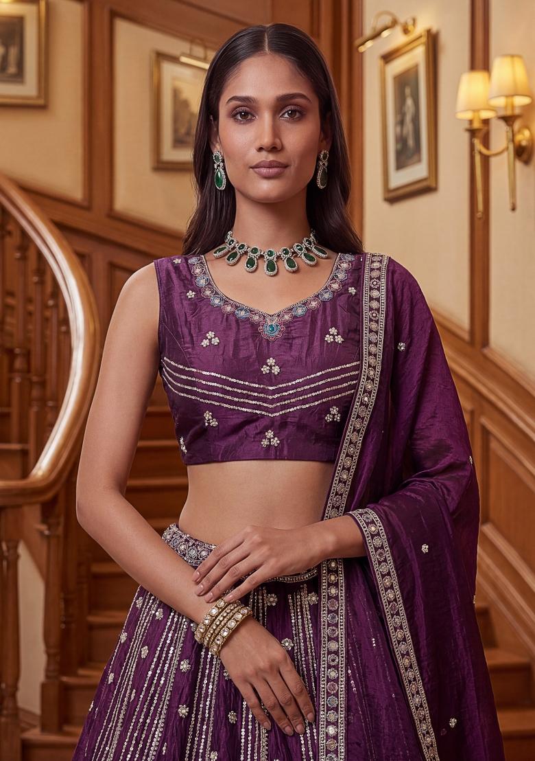 Violet Zari Work Silk Lehenga Set - Indya