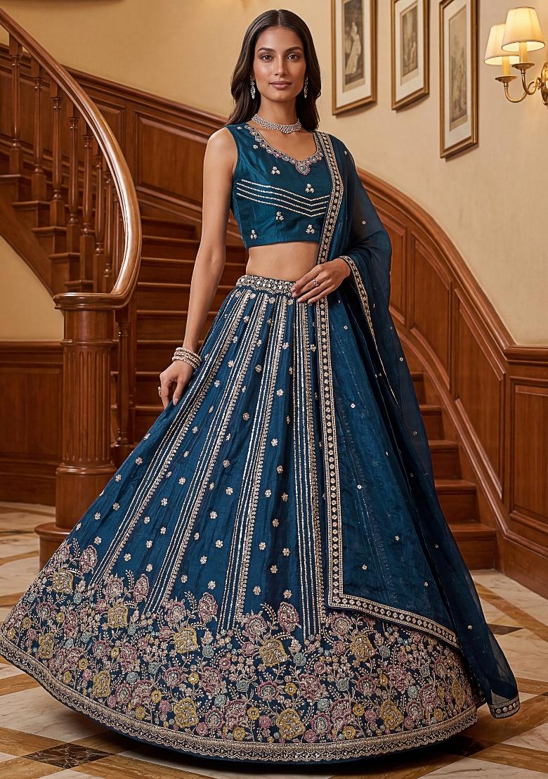 Blue Zari Work Silk Lehenga Set - Indya