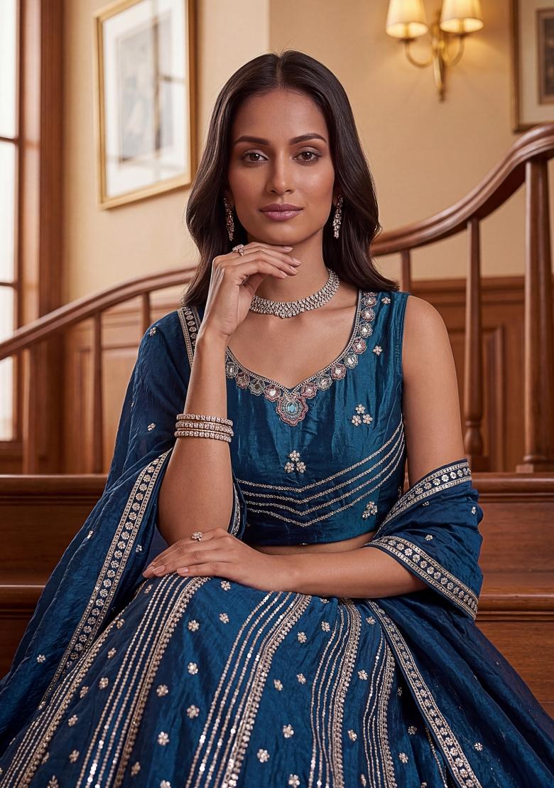 Blue Zari Work Silk Lehenga Set - Indya