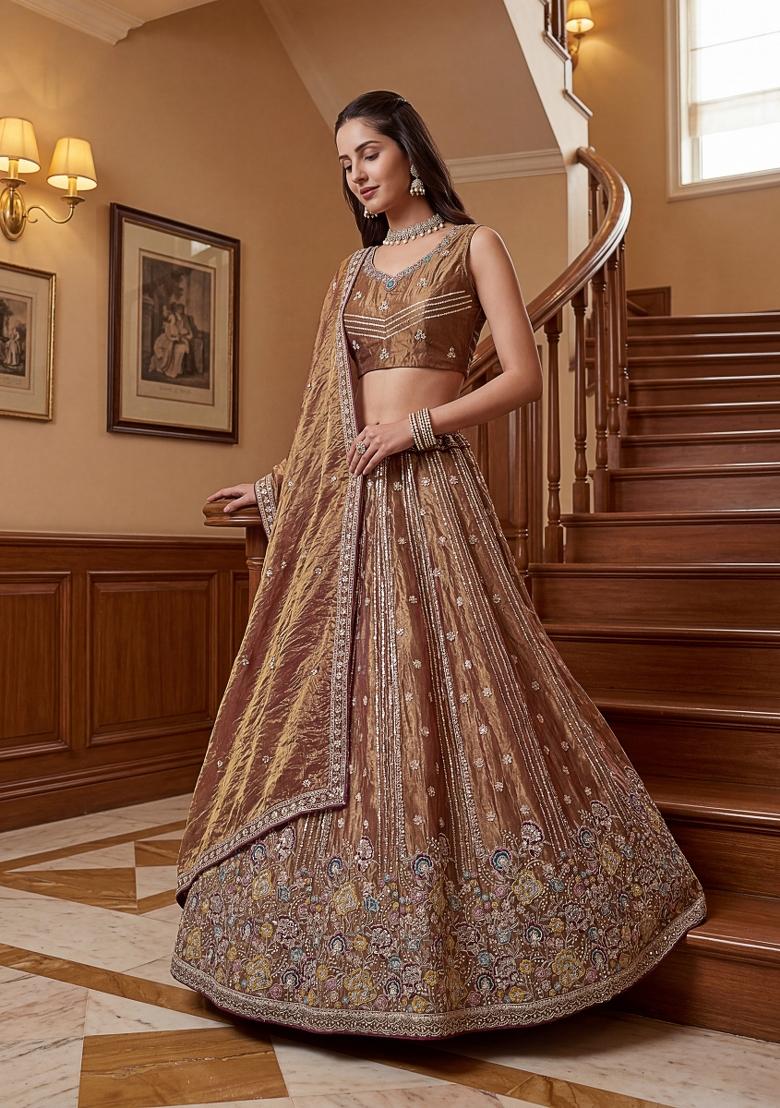 Brown Zari Work Silk Lehenga Set - Indya