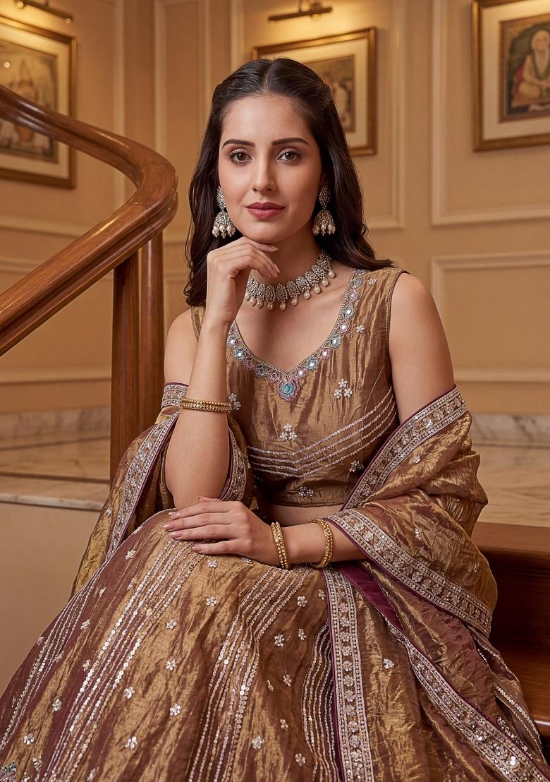Brown Zari Work Silk Lehenga Set - Indya
