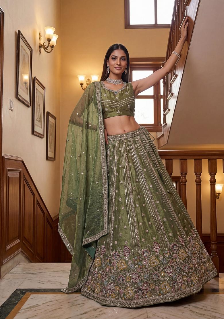 Green Zari Work Silk Lehenga Set - Indya