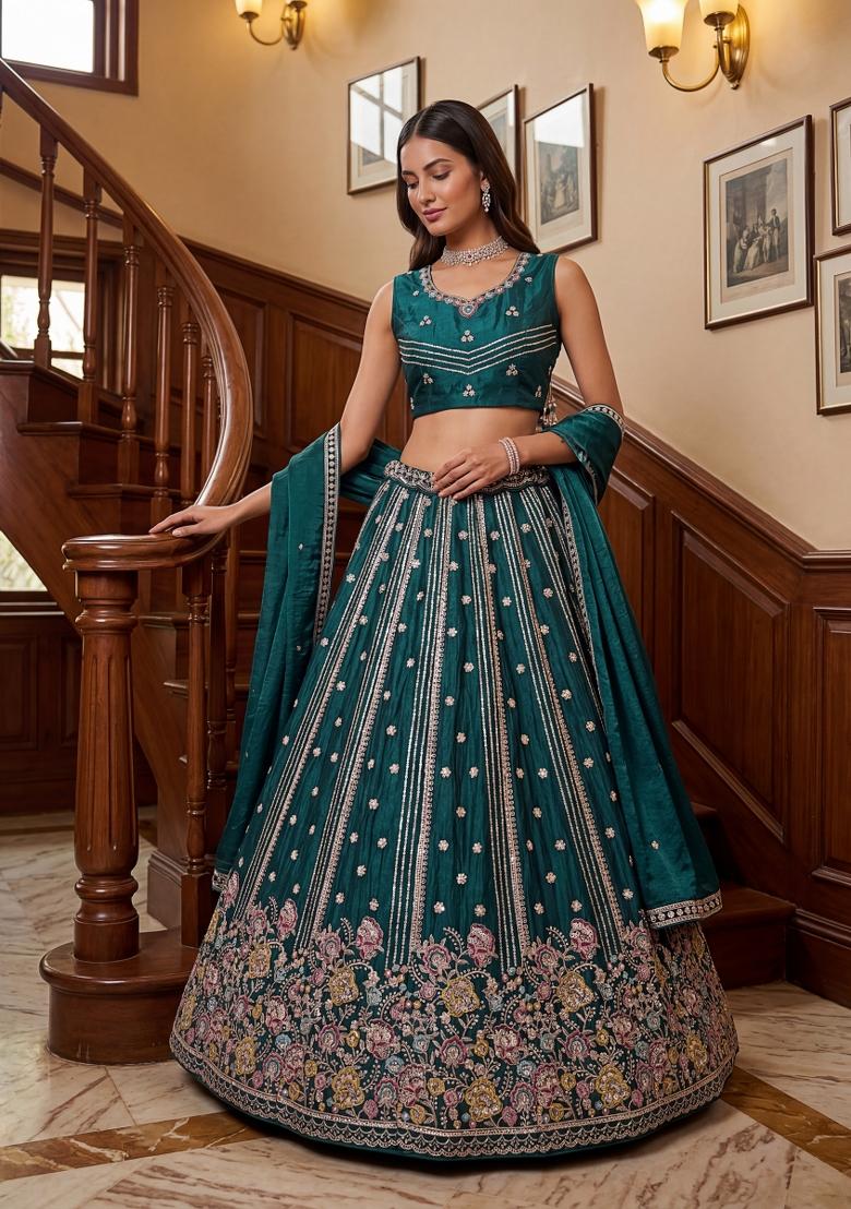 Morpeach Zari Work Silk Lehenga Set - Indya
