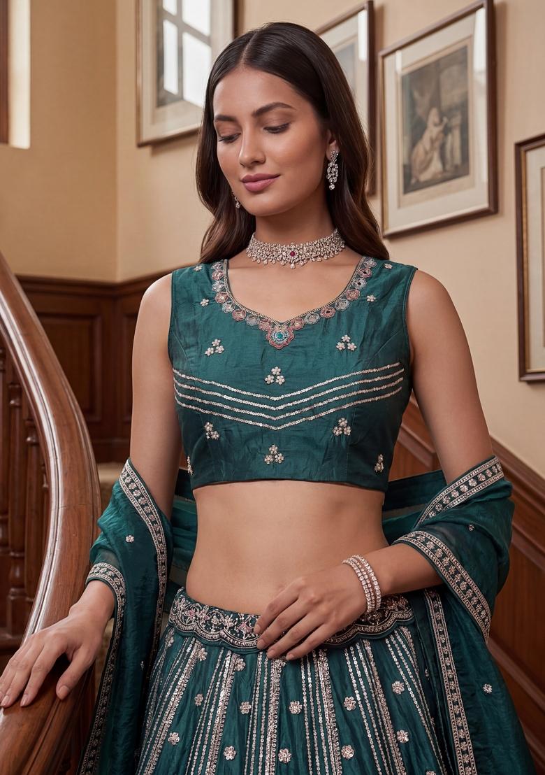Morpeach Zari Work Silk Lehenga Set - Indya