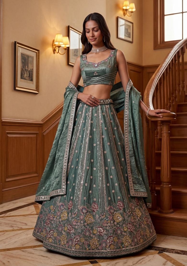 Pista Zari Work Silk Lehenga Set - Indya