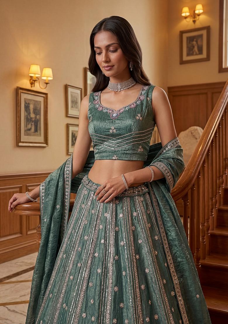 Pista Zari Work Silk Lehenga Set - Indya