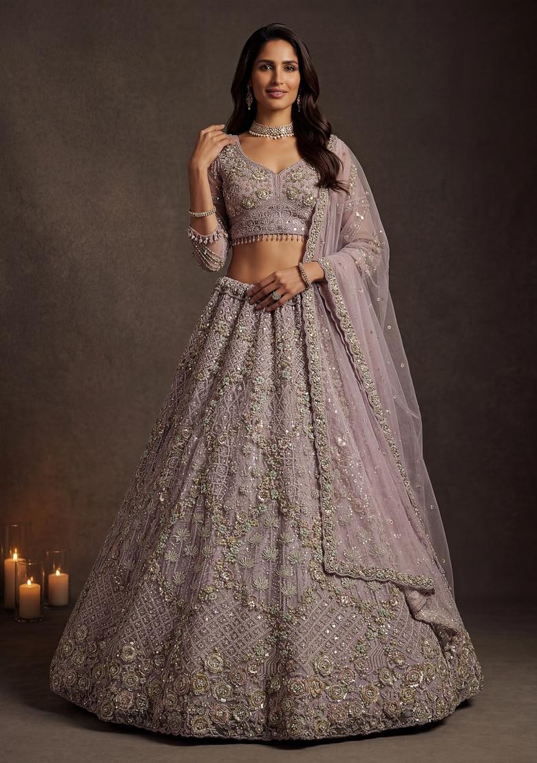 Purple Thread Work Net Lehenga Set - Indya