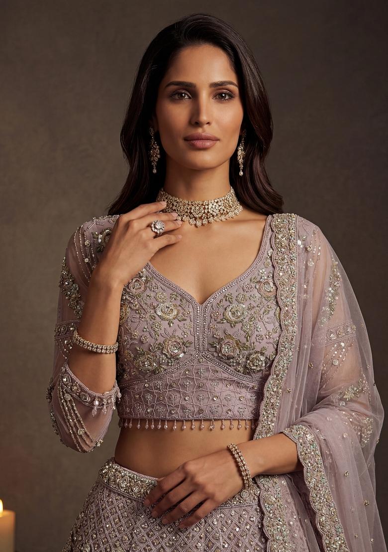 Purple Thread Work Net Lehenga Set - Indya