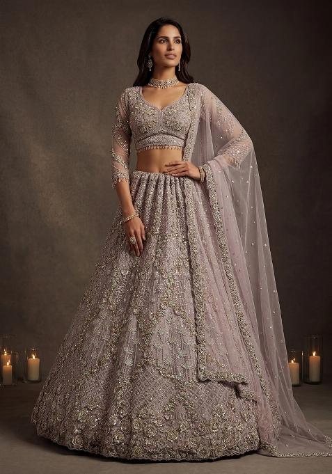 Purple Thread Work Net Lehenga Set