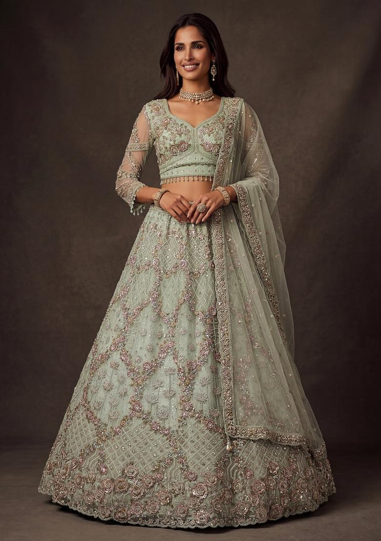 Pista Thread Work Net Lehenga Set - Indya