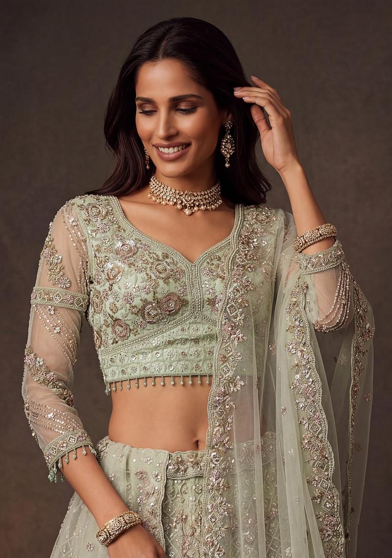 Pista Thread Work Net Lehenga Set - Indya