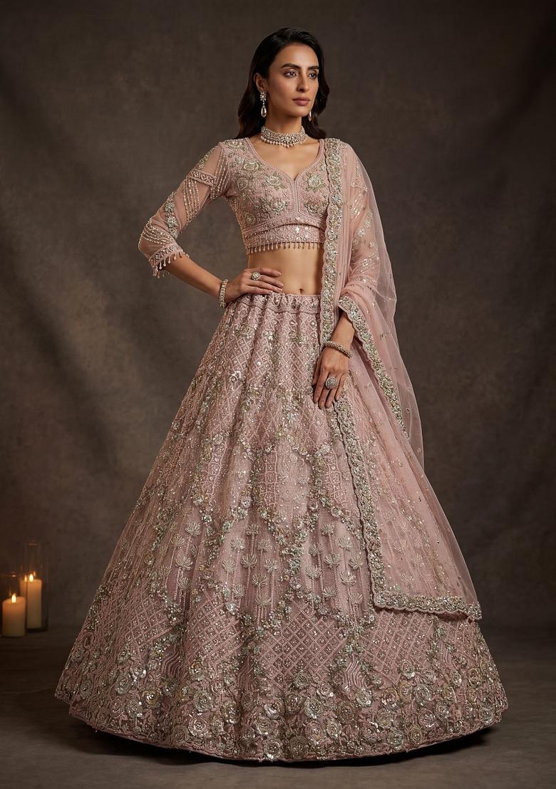 Peach Thread Work Net Lehenga Set - Indya
