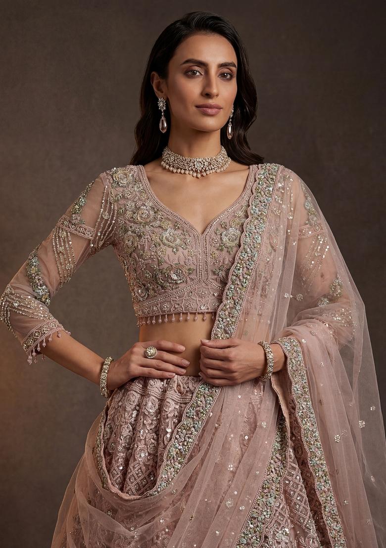 Peach Thread Work Net Lehenga Set - Indya