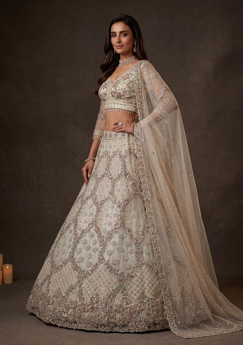 Cream Thread Work Net Lehenga Set - Indya
