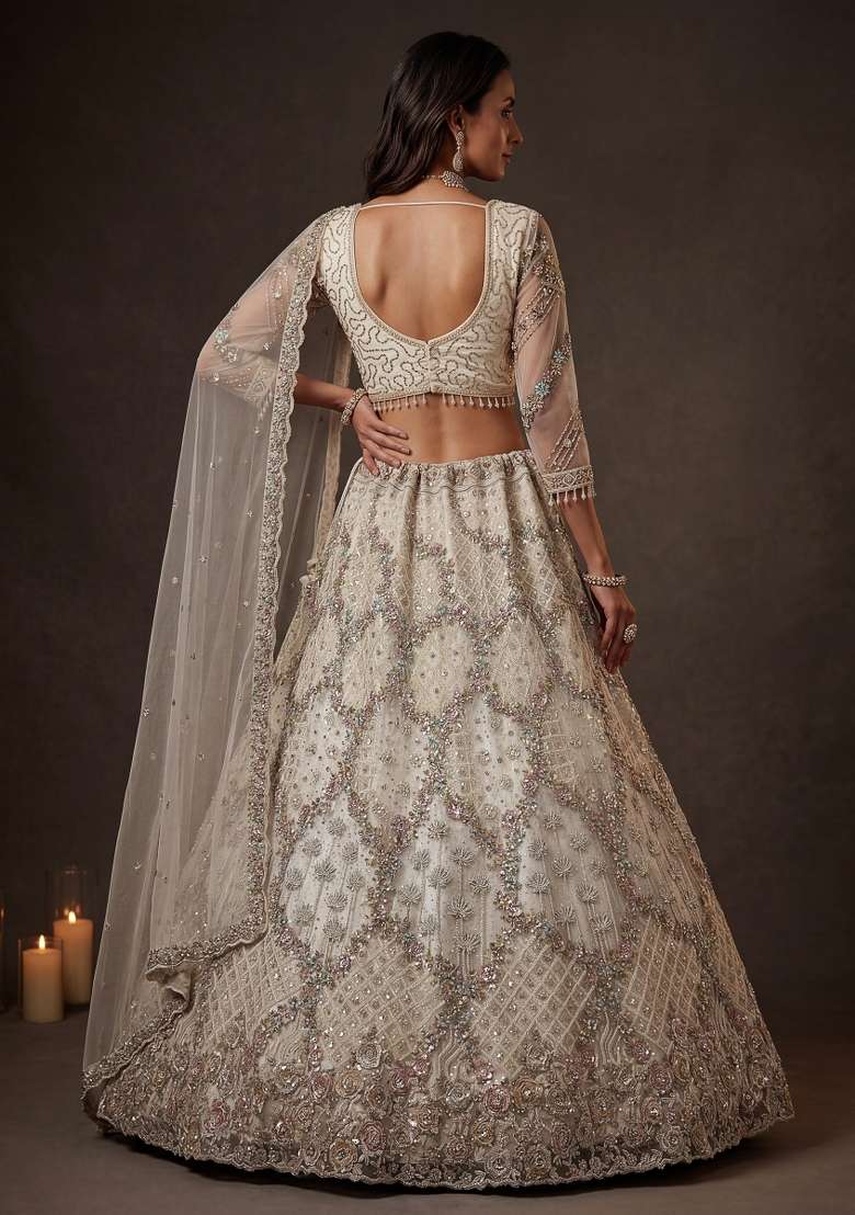 Cream Thread Work Net Lehenga Set - Indya