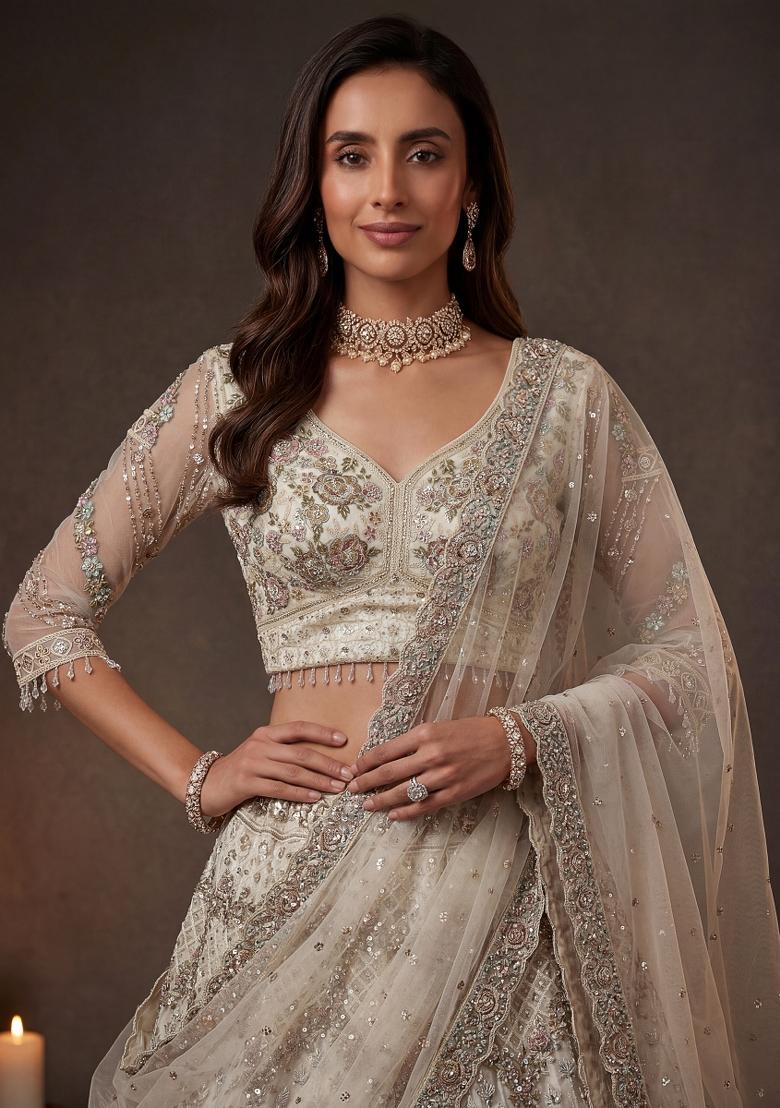 Cream Thread Work Net Lehenga Set - Indya