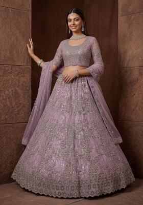 Purple Embroidered Net Lehenga Set