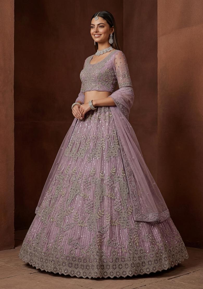 Purple Embroidered Net Lehenga Set - Indya