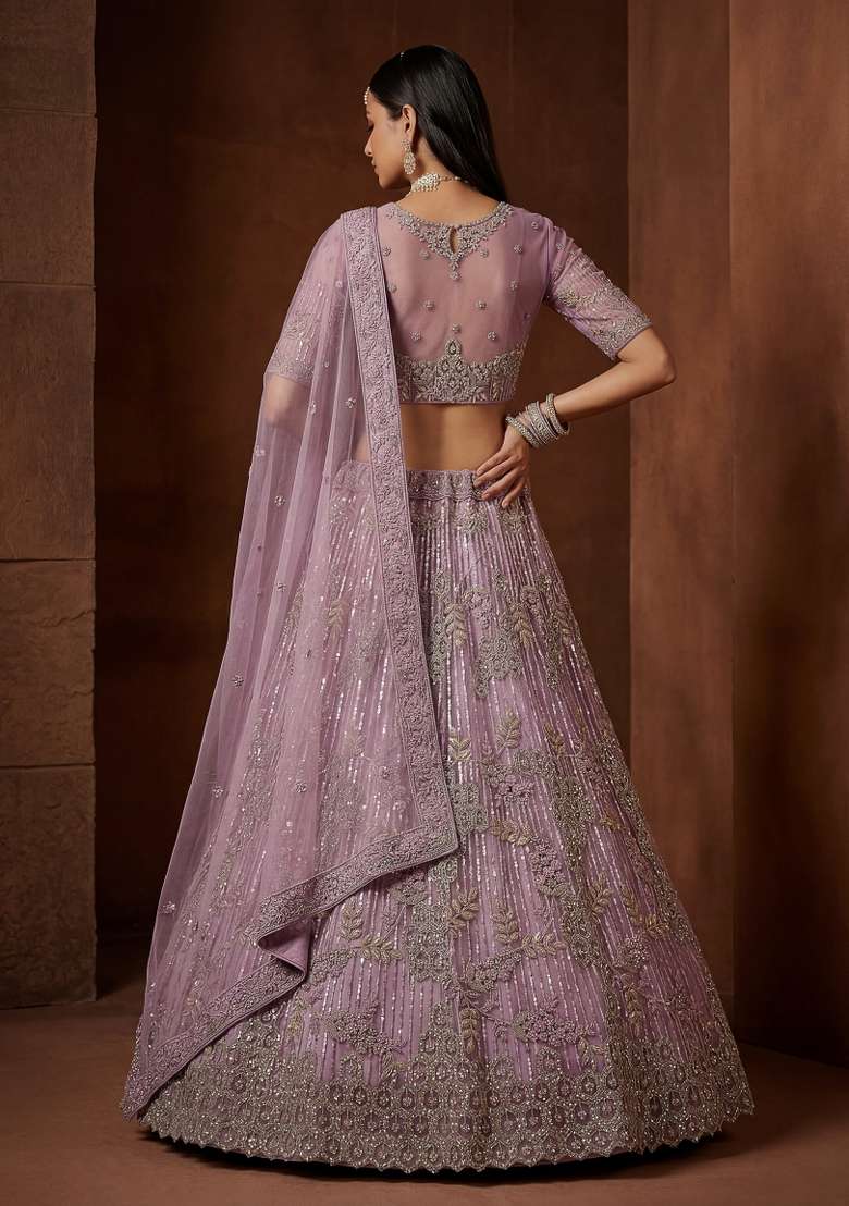 Purple Embroidered Net Lehenga Set - Indya