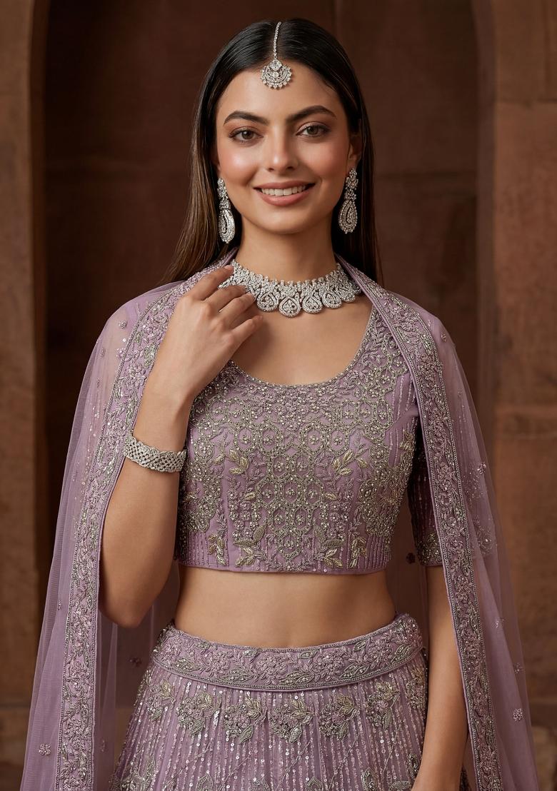 Purple Embroidered Net Lehenga Set - Indya