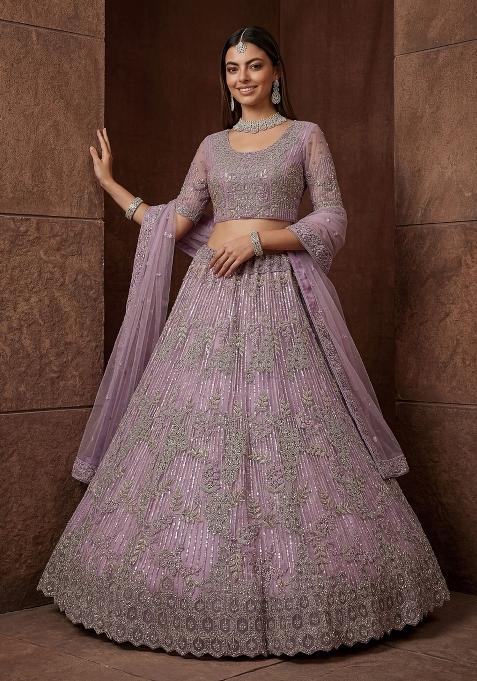 Purple Embroidered Net Lehenga Set