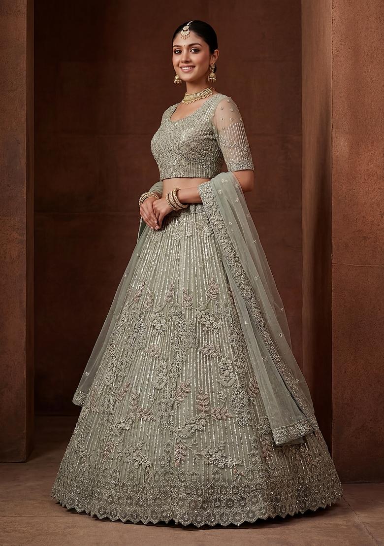 Pista Embroidered Net Lehenga Set - Indya