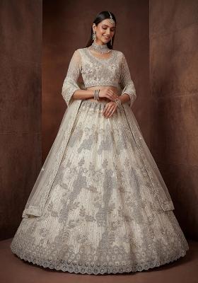 Cream Embroidered Net Lehenga Set