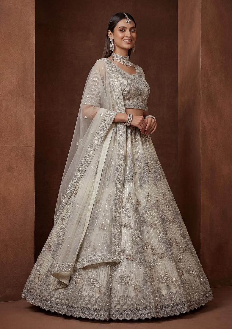Cream Embroidered Net Lehenga Set - Indya