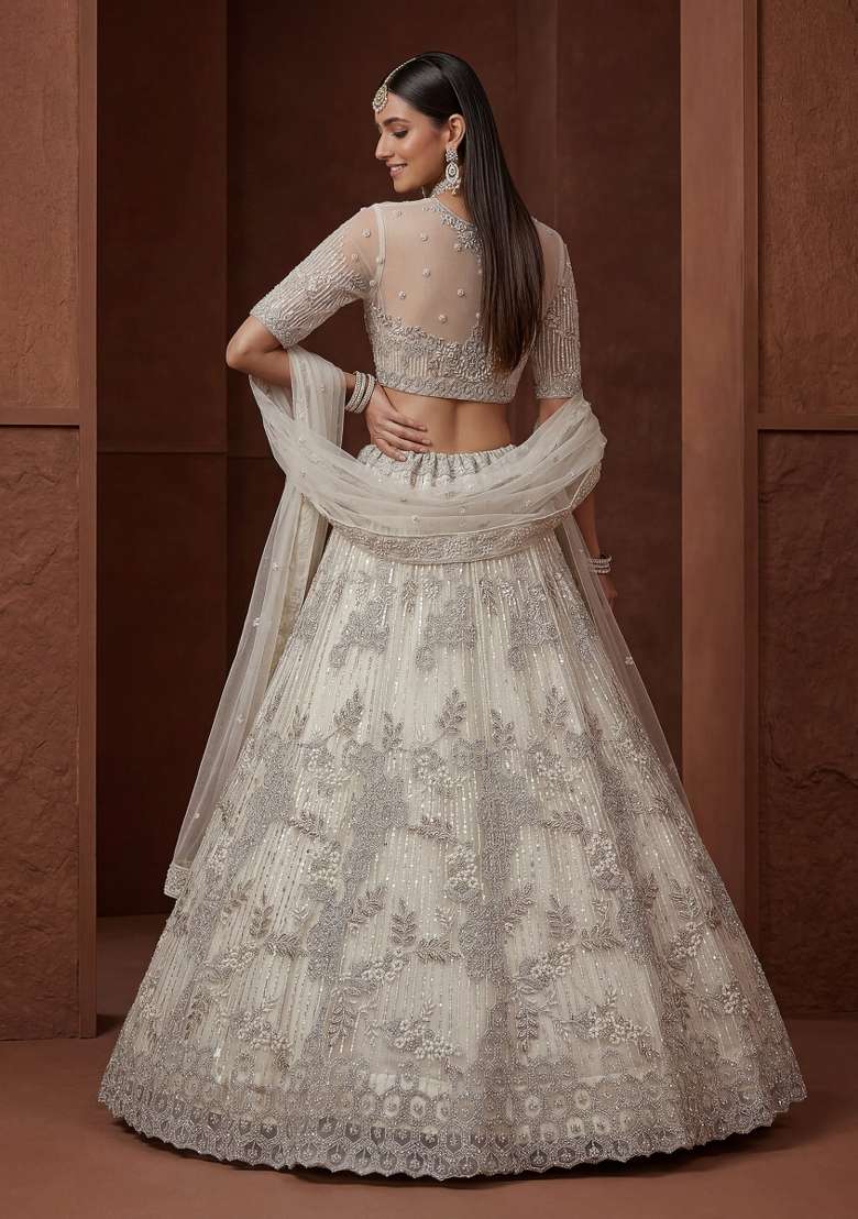 Cream Embroidered Net Lehenga Set - Indya
