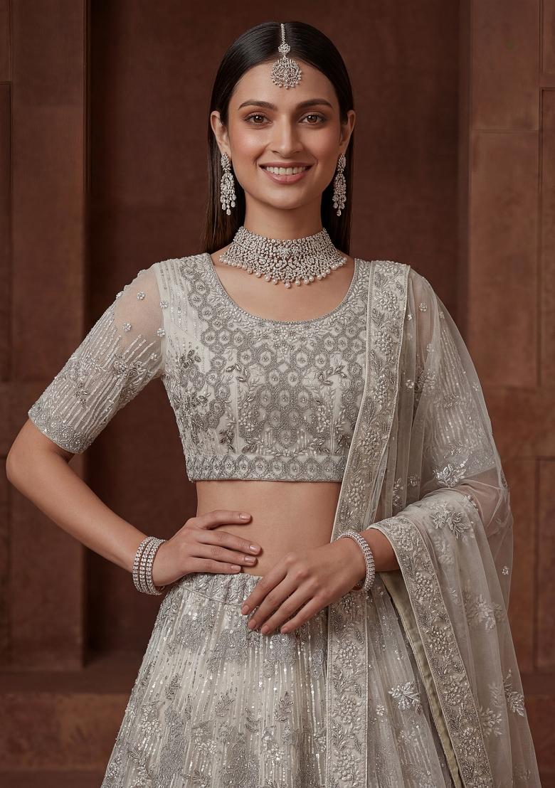 Cream Embroidered Net Lehenga Set - Indya