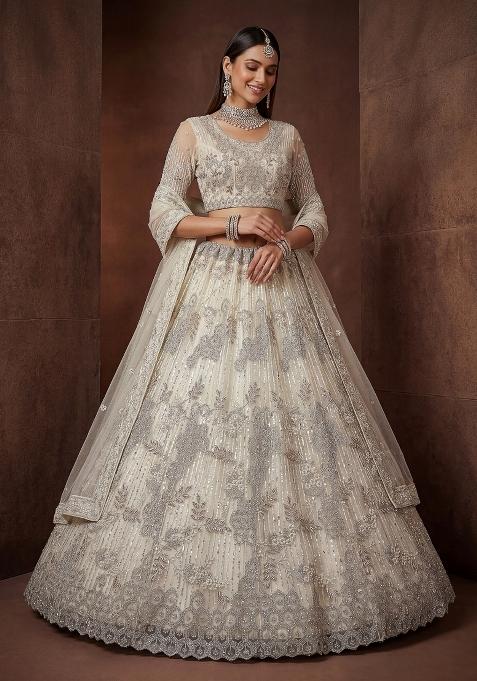 Cream Embroidered Net Lehenga Set